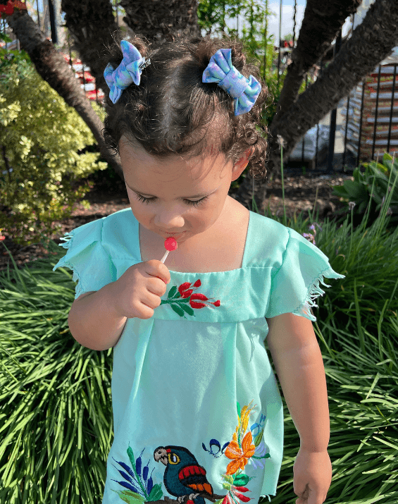 Little girl is wearing a pair of handmade clip bows for toddler girls from By Bella Boutique. Little girl is wearing a pair of handmade clip bows for toddler girls from By Bella Boutique.
