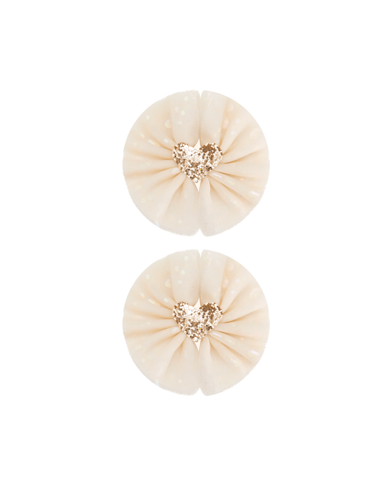 Beige Tulle Heart Bow Clips