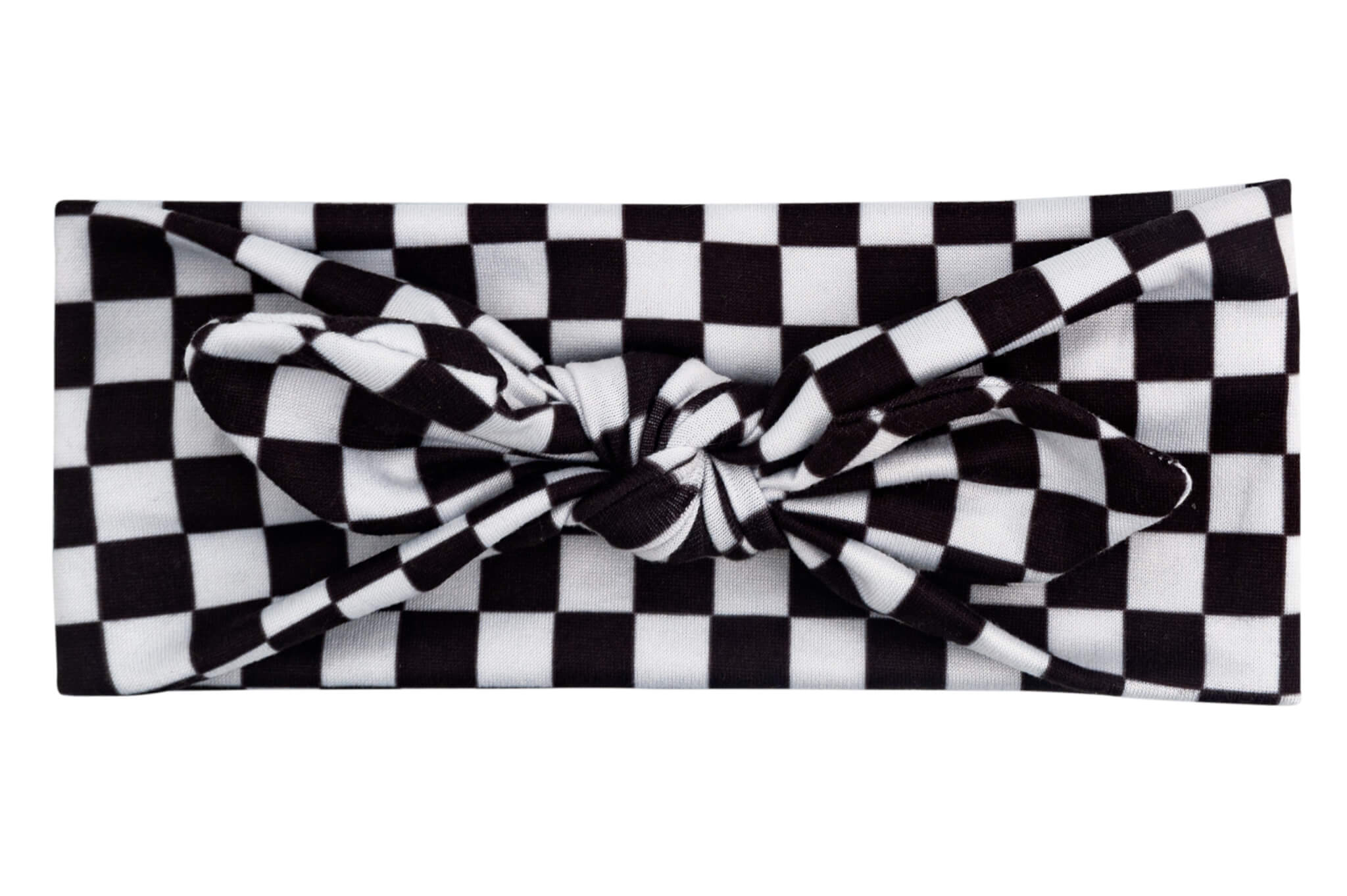 A knotted headband for little girls featuring a white checkerboard pattern from By Bella Boutique.  A knotted headband for little girls featuring a white checkerboard pattern from By Bella Boutique.