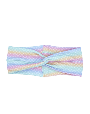 A wide twist headband featuring a mermaid print for women from By Bella Boutique. A wide twist headband featuring a mermaid print for women from By Bella Boutique.
