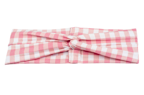 Pink gingham turban headband for mom from By Bella Boutique. Pink gingham turban headband for mom from By Bella Boutique.