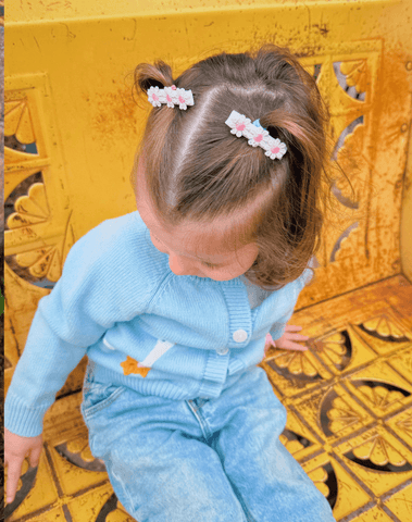 Embroidered Pink Flower Bow Clips