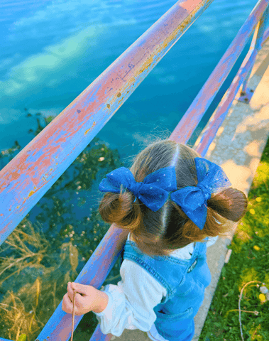 Blue Stars Pinwheel Tulle Bow Clips