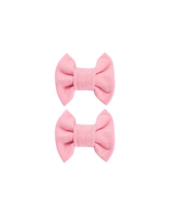 Handmade set of 2 soft bubblegum pink bow clips front view for toddlers and little girls by By Bella Boutique
