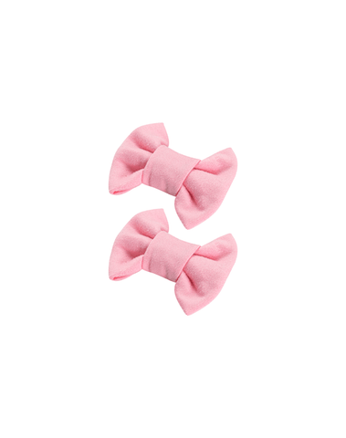 Handmade set of 2 soft bubblegum pink bow clips angle view for toddlers and little girls by By Bella Boutique