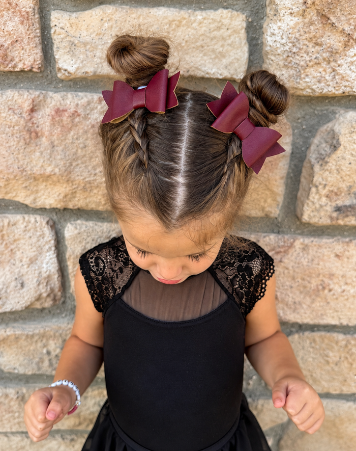 Burgundy Faux Leather Bow Clips