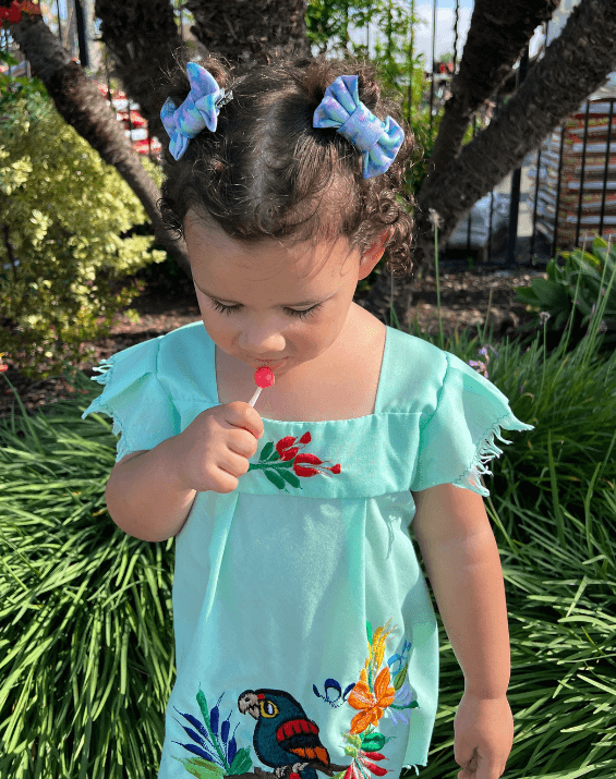 Little girl is wearing a pair of handmade clip bows for toddler girls from By Bella Boutique.