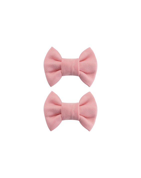 Handmade set of 2 soft peach pink bow clips front view for babies toddlers and little girls by By Bella Boutique