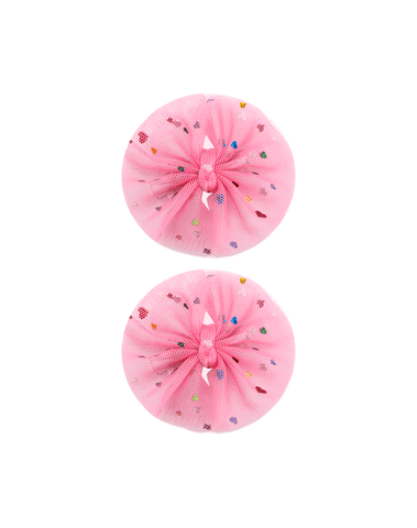 Handmade set of 2 soft pink tulle bow clips with colorful shimmery heart print for toddlers and little girls by By Bella Boutique