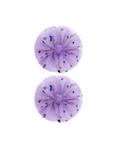 Handmade set of 2 soft purple tulle bow clips with colorful shimmery heart print for toddlers and little girls by By Bella Boutique