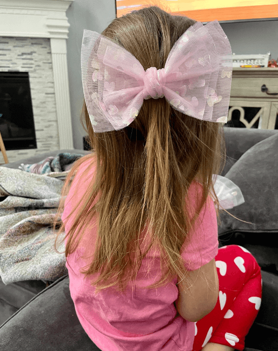 Tulle Pink Hearts Bow Clip