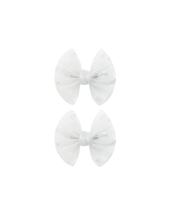 Tulle White Hearts Bow Clips