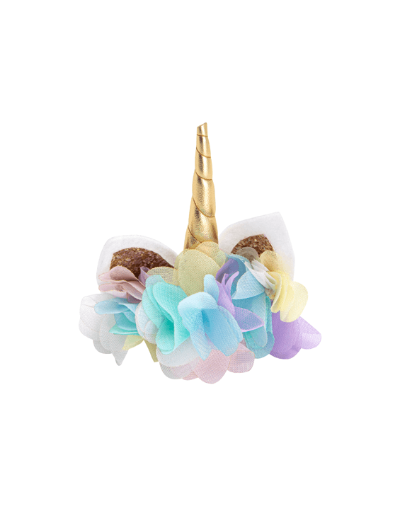 Handmade unicorn horn bow clip with gold faux leather horn felt ears and pastel flowers for girls