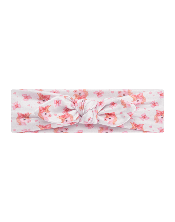 Handmade soft stretchy white watercolor unicorn and hearts print headband front view for babies and toddlers by By Bella Boutique