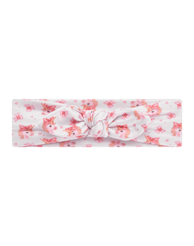 Handmade soft stretchy white watercolor unicorn and hearts print headband front view for babies and toddlers by By Bella Boutique