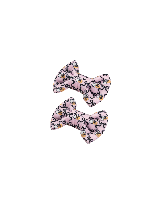 Handmade pink ghost and pumpkin print bow clips, set of two, for toddlers and little girls by By Bella Boutique